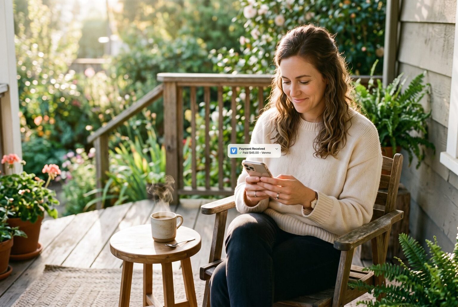 Person relaxed on a porch checking a payment notification on their phone